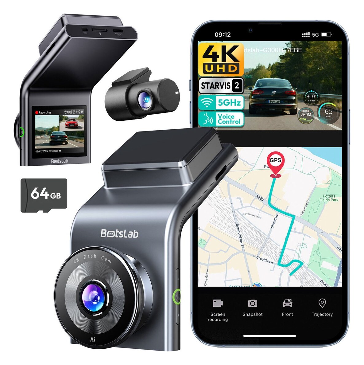 Botslab G300H Plus Dashcam (4K voor + Full HD achter, Sony STARVIS 2)