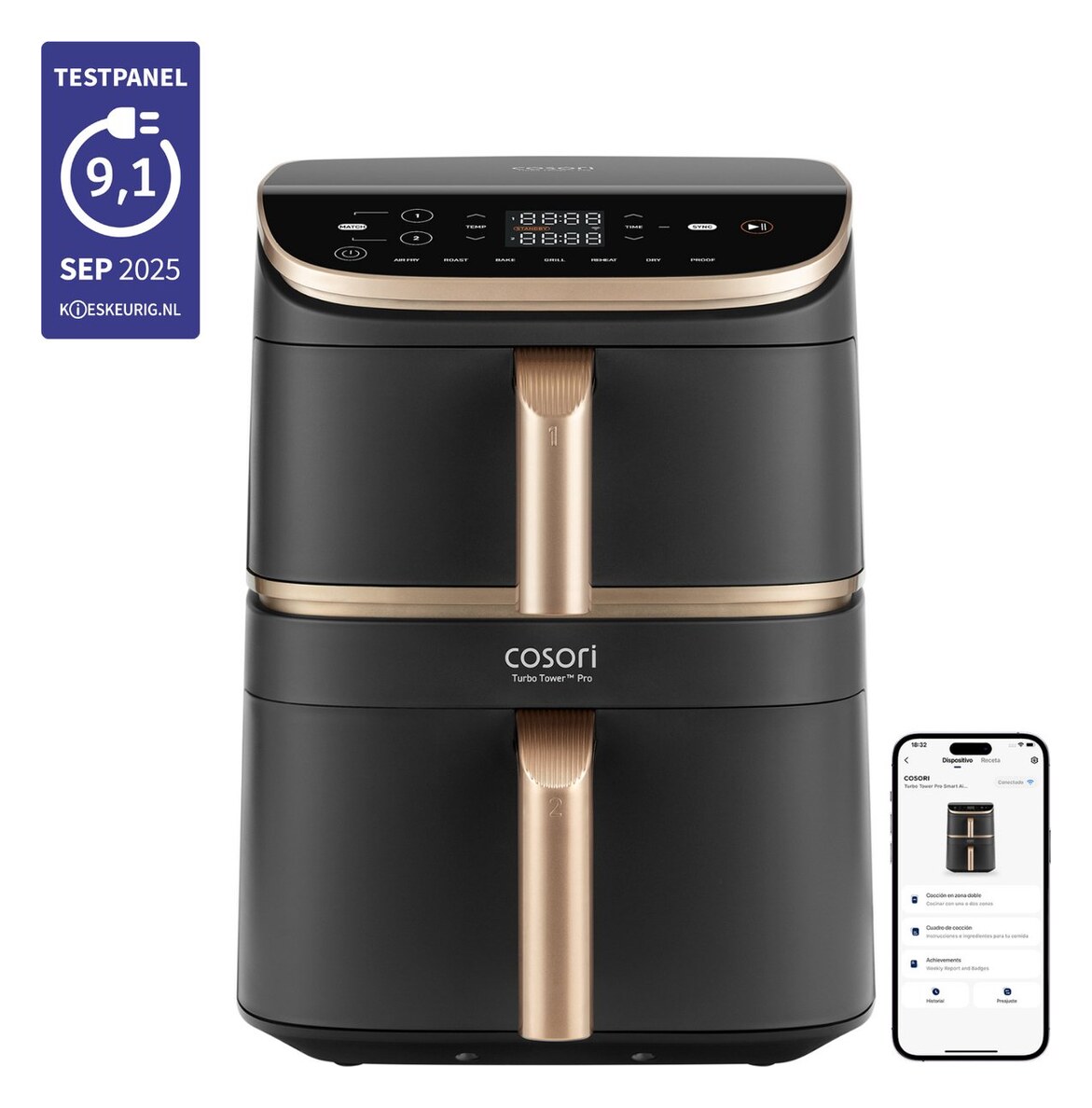 Cosori TurboTower Pro Smart - dubbele airfryer XXL 10,8 l (6,5 + 4,3), 2630 W, keramisch, wifi
