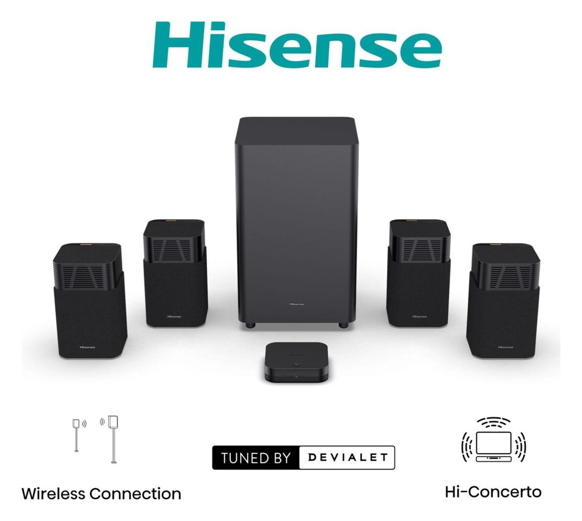 Hisense HT Saturn (4.1.2, 720 W, vier satellieten + draadloze subwoofer, afstemming Devialet)