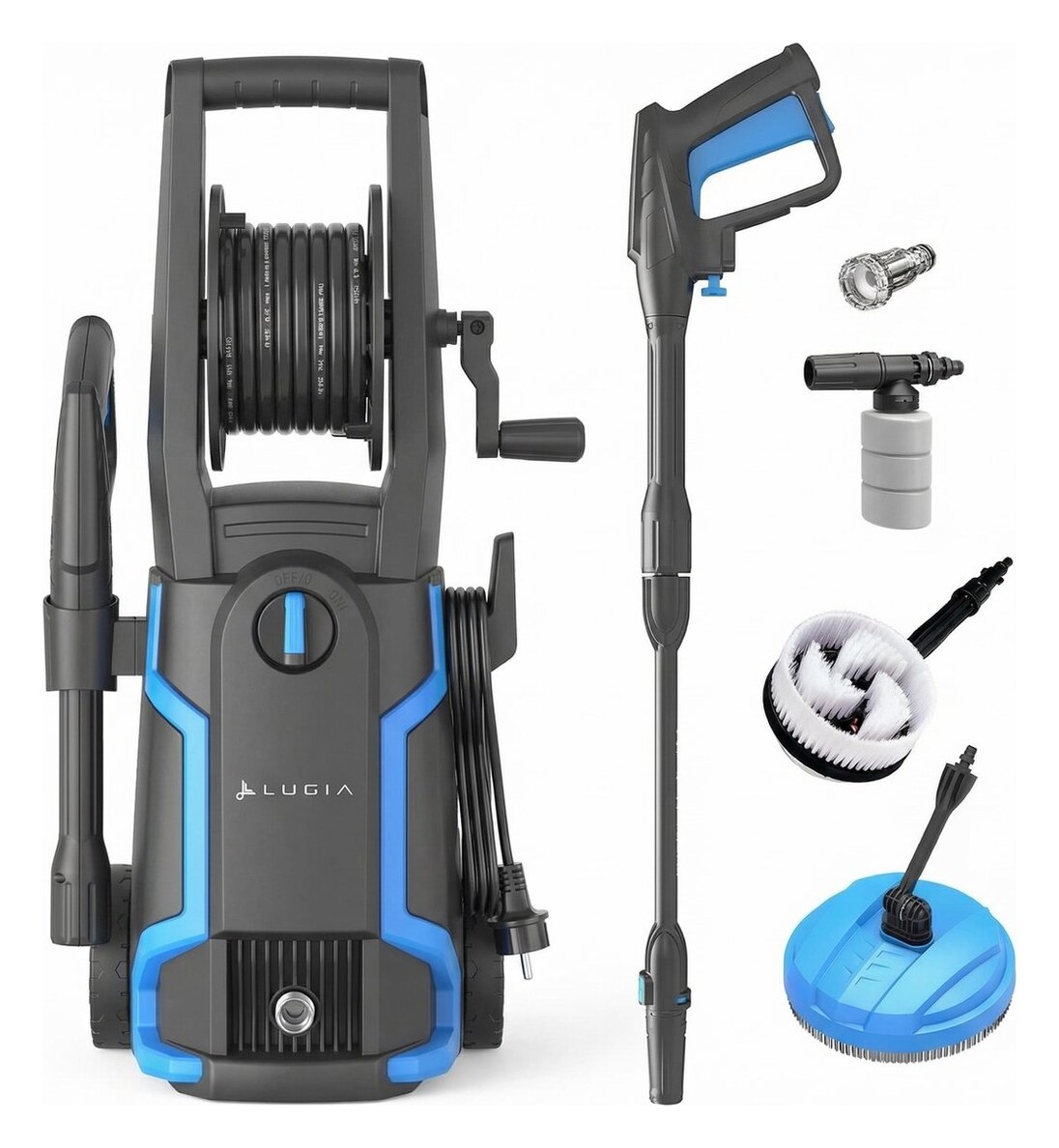 Lugia hogedrukreiniger (2026), 135 bar / 1600 W (Pressure Pro), bundelset met terrasreiniger, roterende borstel, turbo spuitmond en externe foam cannon