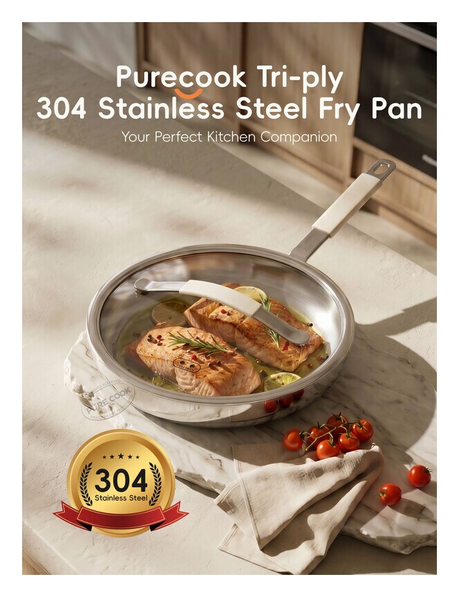 PURE COOK Tri-Ply 304 rvs koekenpan 26 cm met deksel